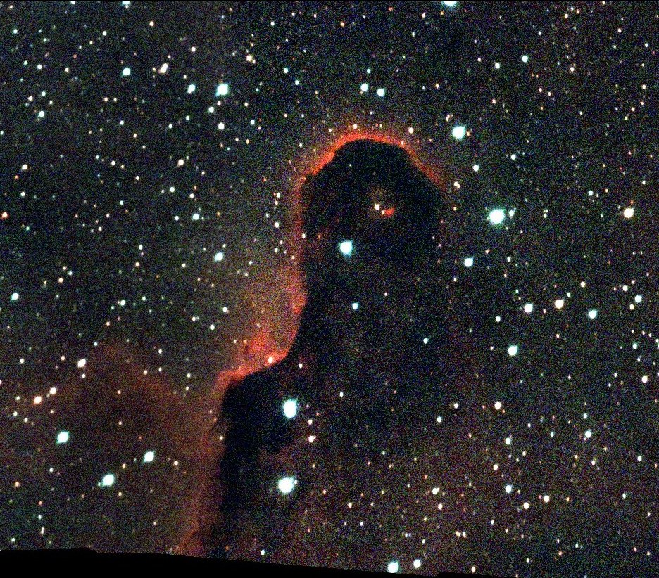 Der Elefantenrüssel, eine dunkle Staubwolke mit rot glühendem Rand vor einem Sternfeld